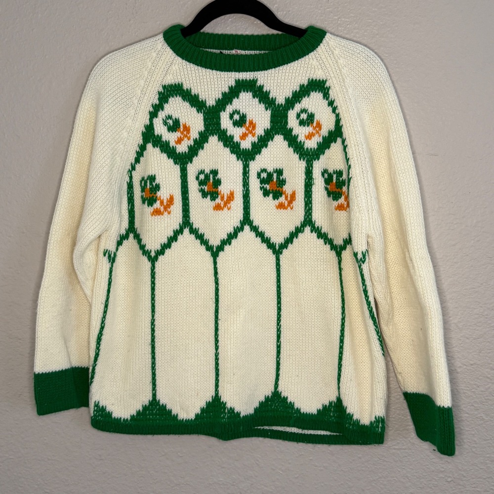 Vintage Cottage Green Floral Knit Sweater Women Large Cabin Cozy Novelty Artsy